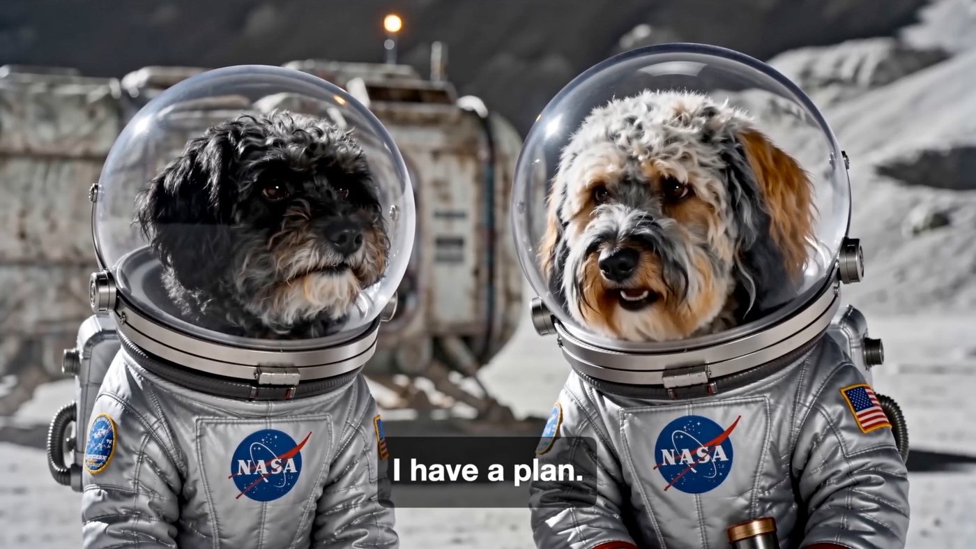 Marley and Bertie in NASA spacesuits on the moon, with the caption I have a plan