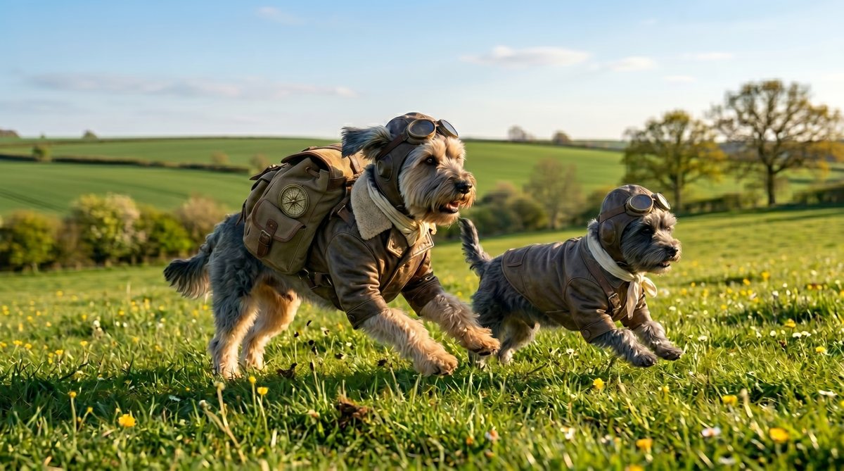 Marley and Bertie running across a field in pilot gear