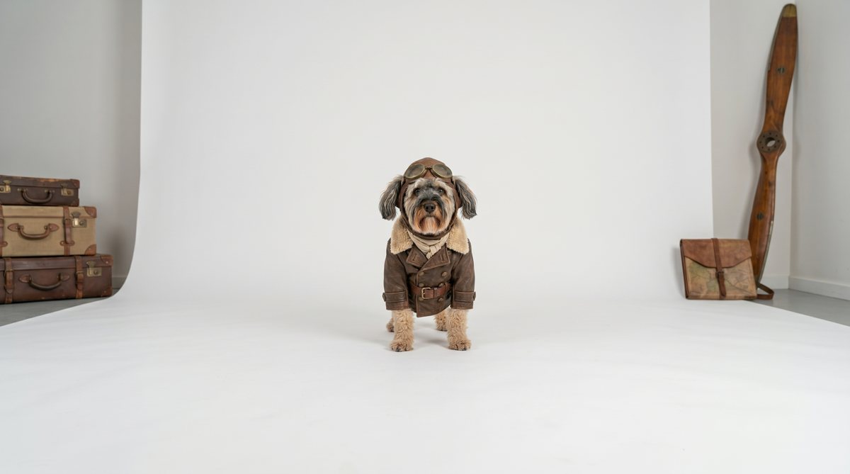 Studio portrait of Bertie in full pilot costume with goggles